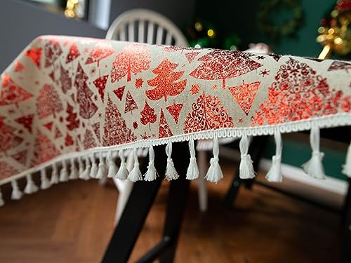 Nappe rouge imprimé sapin de Noël lin 140x260cm table anti-tache - 4