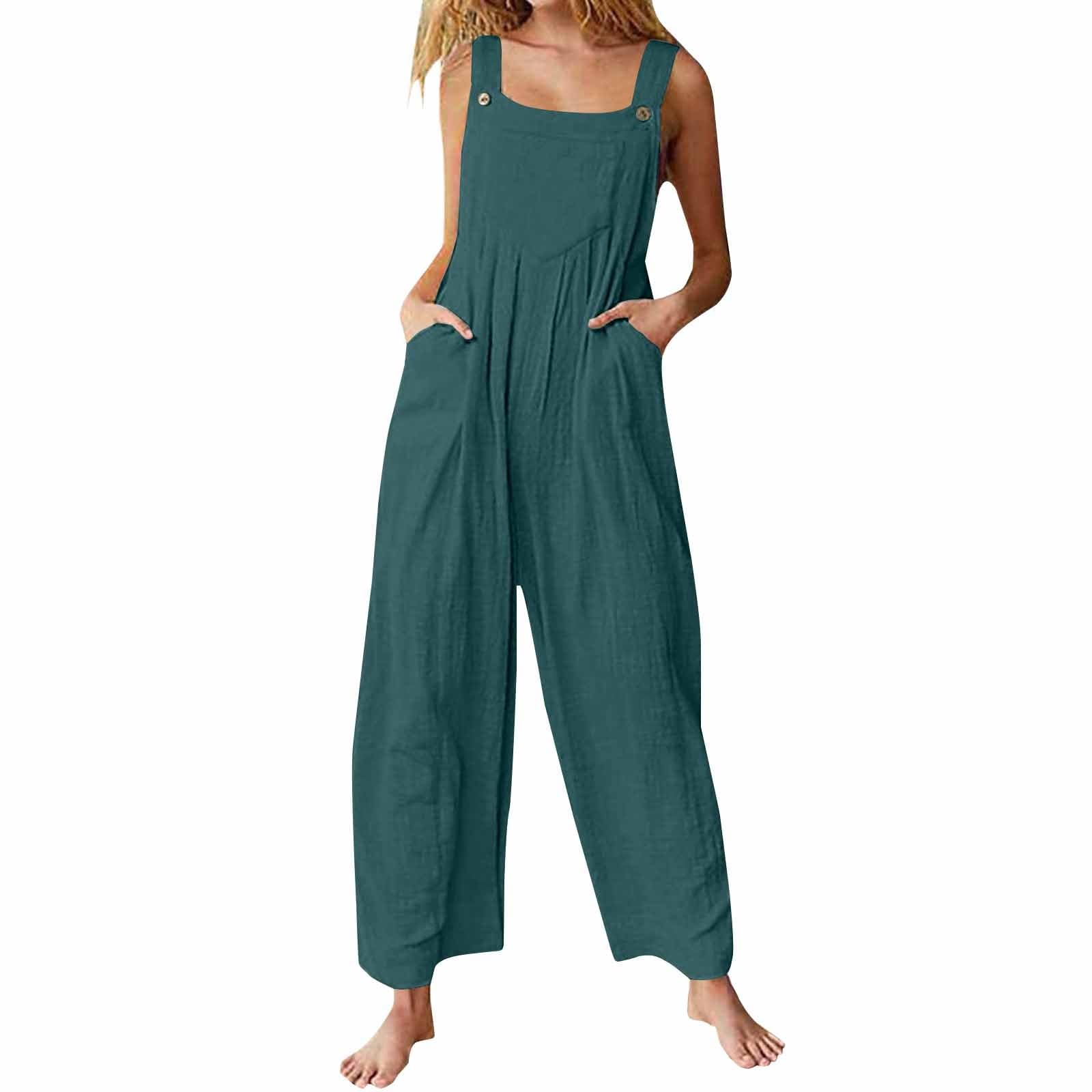 Salopette d'été légère pour femme - Combinaison d'été ample en lin - Combinaison sportive - Salopette de travail sans manches avec poches - Une pièce - Couleur unie - Confortable - Pantalon