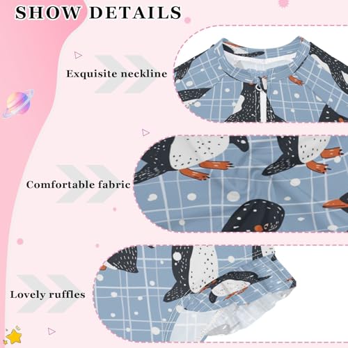 Penguins Plaid Blue Girls Long Sleeve Swimsuits One Piece Zipper Bathing Suit UPF 50+ Rashguard Swimwear4