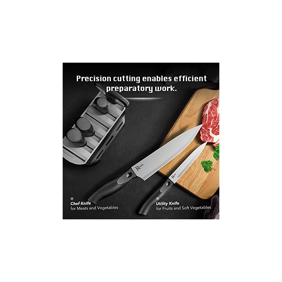 Randalfy Kitchen Knife Set with Block, 7 Pieces Chef Knife Set with Knives, Scissor, Block for Meat/Vegetables/Fruits Chopping, Slicing, Dicing&Cutting