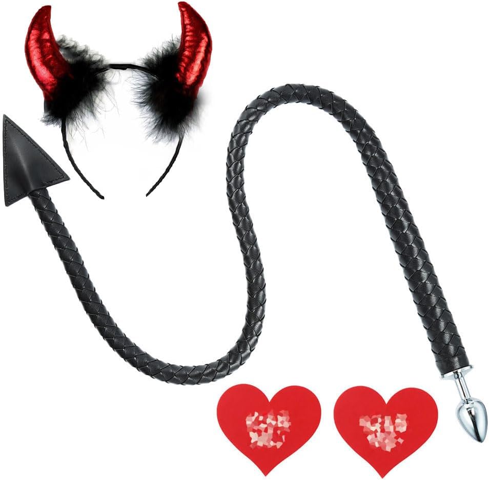 Devil Tail Anal Plug Horn Headband Devil Tail Cosplay Metal Butt Plug Anal Tail Sex Toy Anal Sex Trainer Black Nipple Cover Sticker Breast Petals