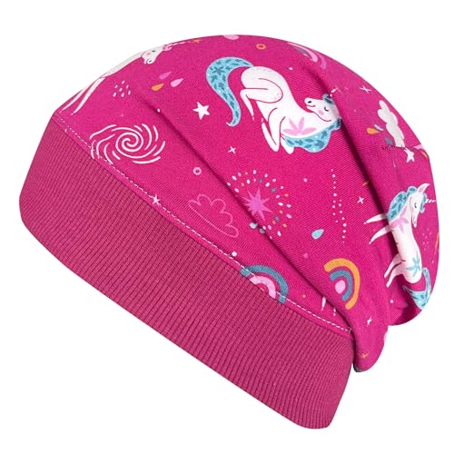 Wollhuhn ÖKO Leichte Mädchen/Jungen Beanie-Mütze Bündchen Elastisch Übergangszeit/Sommer Kinder-Mütze Baumwolle (Öko-Stoffe, Bio) (DE/NL/SE/PL, Numerisch, 52, 54, Einhörner Beere)