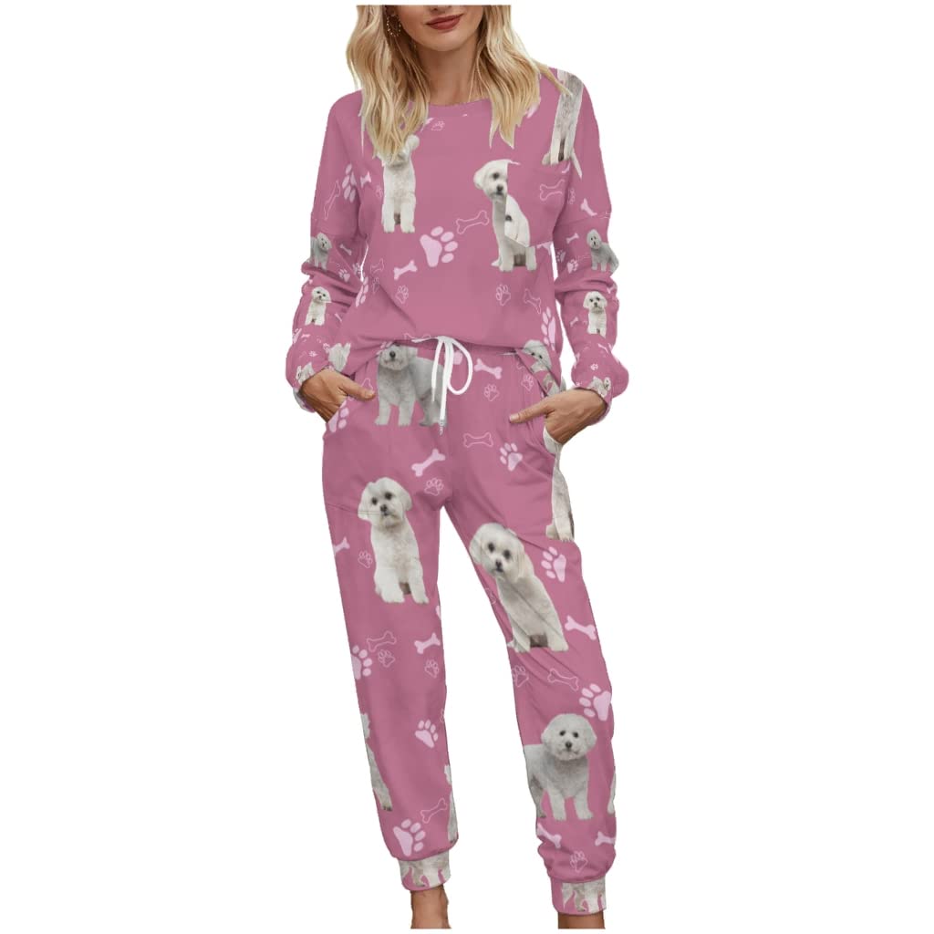 Conjunto de pijama para mujer, traje de jogging, traje de casa Bichon Frise, color rosa, ropa de dormir para mujer, pijama de manga larga, 2 piezas, trajes deportivos, suéteres y pantalones,