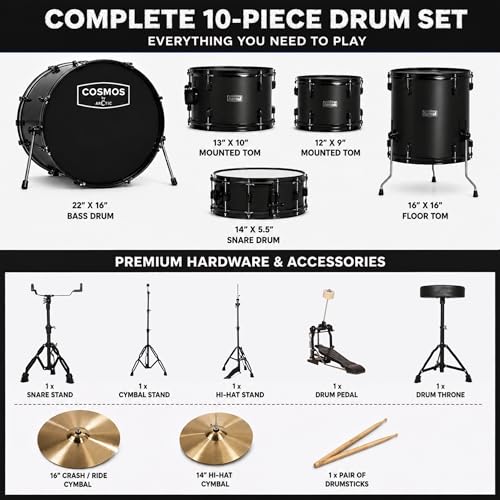 Image of ARCTIC COSMOS 22 inch 5 Piece Acoustic Drum Kit with Cymbals, Drum Throne, Hardware & Drum Sticks | Complete Drum Set for Beginners, Adults & Professional Drummers (Blue)