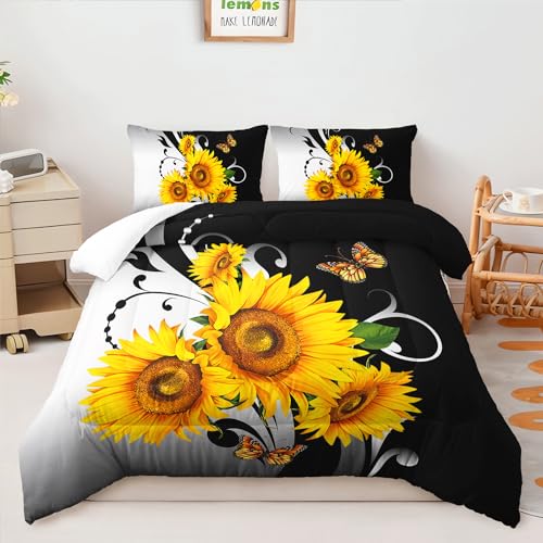 Image of AILONEN Black and White Floral Comforter Set Queen Size, Yellow Sunflower Bedding Set for Girls Kids Women,Soft Lightweight Microfiber Duvet Set 3 Piece All Season,1 Comforter with 2 Pillowcases