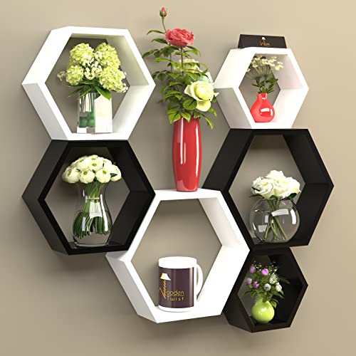 Onlineshoppee Hexagon Designer Storage Shelf, Set of 6 (Black and White).