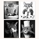 Poecinvi Funny Cat Bathroom Wall Art Prints Poster Set of 4, Funny Bathroom Decor, Cute Cat Pet Toilet Posters Pictures Wall Art Decor for Bath Room Washroom, 8x10 Unframed