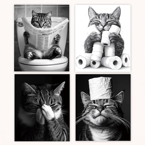 Poecinvi Funny Cat Bathroom Wall Art Prints Poster Set of 4 Funny Bathroom Decor Cute Cat Pet Toilet Posters Pictures Wall Art Decor for Bath Room Washroom 8x10 Unframed