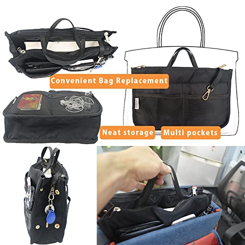 Hongmeru Purse Organizer Insert For Handbags, Tote Bag Organizer Insert With 11 Pockets, Bag Organizer For Tote With Handle, Nylon, Foldable, Tote Organizer Insert With Metal Zipper And Hook Black #TOP6