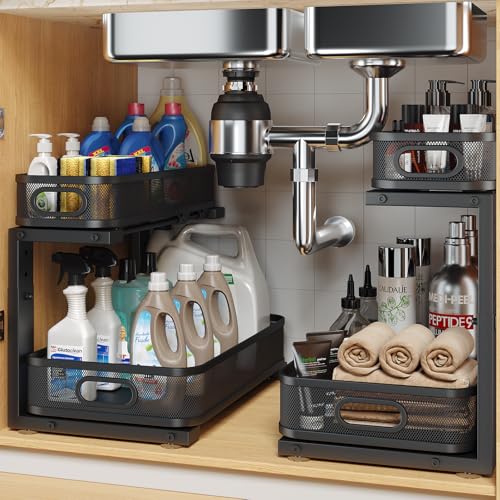 Image of 2 Pack 15.7IN-Depth Under Sink Organizer With Smooth Cylindrical Rail,2-Tier Pull Out Multi-Purpose Cabinet Storage for Bathroom&Kitchen,Height Adjustable,Rust-resistant Coating-Black