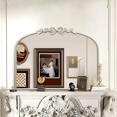 Image of Besdomus Antique Arched Silver Mirror: 32x24 Vintage Bow Vanity Mirror | French Baroque Metal Framed - Traditional Ornate for Living Room /Entryway /Bathroom- Ideal for Guest Bath Remodeling