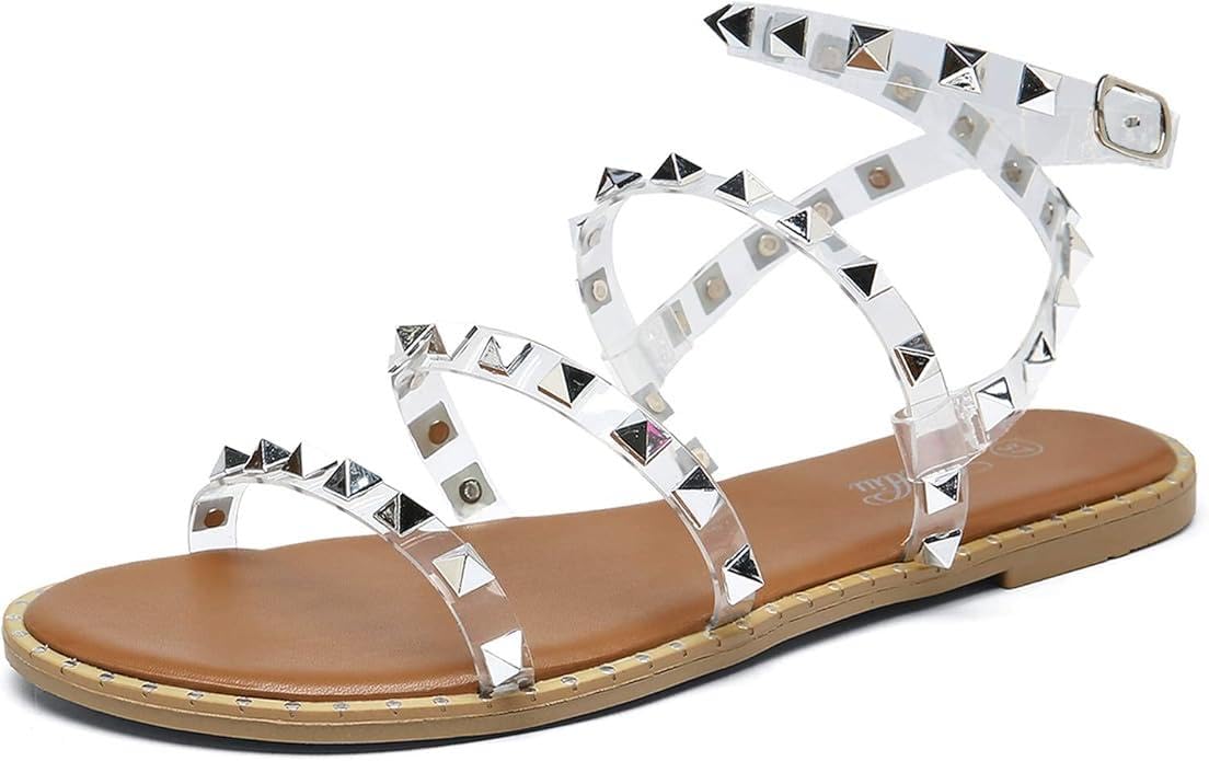 Women's Flat Sandals Strappy Studded Sandals Gladiator Sandals with Ankle Strap