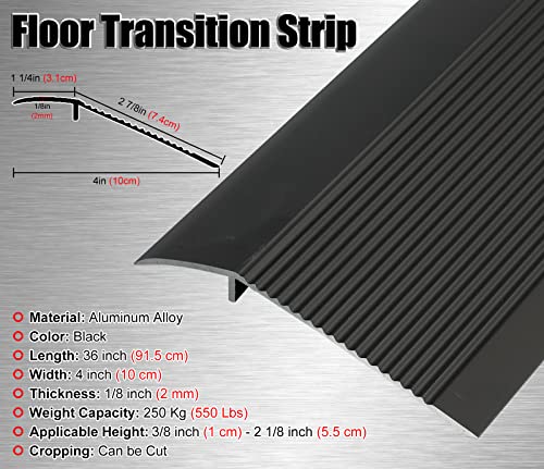 Hrokz 4 Inch Floor Transition Strip Threshold Ramp Aluminum, 36'' Thresholds Reducer For Doorways Wheelchair Tile Wood Floors, Extra Wide Metal Black Entry Door Edge Trim Flute #TOP1