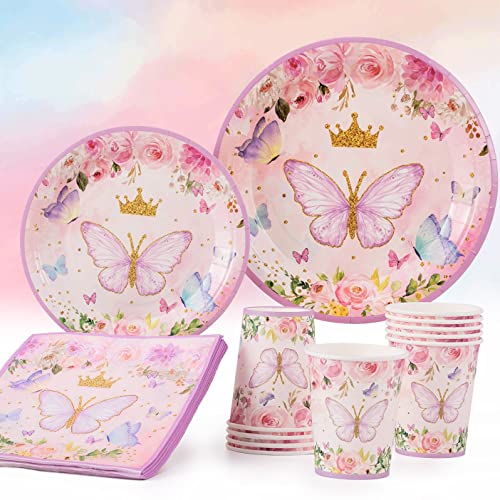 96Pcs Butterfly Party Plates Cups and Napkins Sets Serve 24 Guests Purple Floral Butterfly Paper Disposable Tableware Kit and