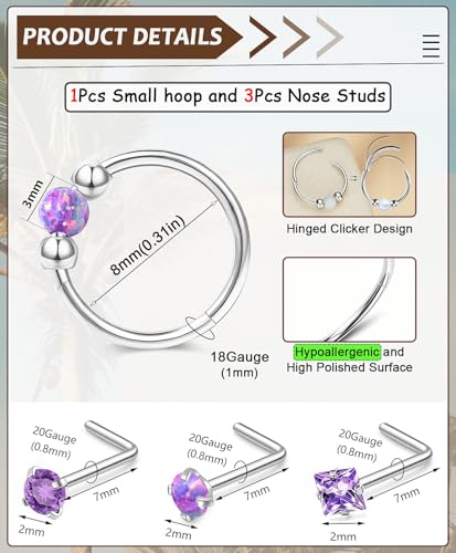 Opal Nose Rings Hoops and Corkscrew Nose Studs Sets for Women Men,Hypoallergenic 316L Surgical Stainless Steel Hinged Clicker Segment Nose Rings Hoop Helix Cartilage Daith Tragus Sleeper Earring2