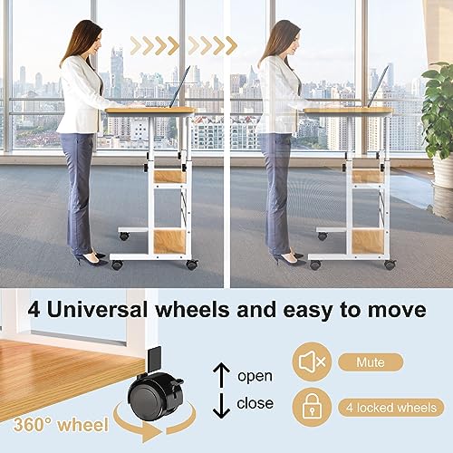 Image of PIPIPOXER 80 cm x 40 cm Computer Desk with Wheels, Laptop Table, Height Adjustable 74.5-95.5 cm, Small PC Table, Computer Desk, Standing Table, Mobile with 4 Wheels and 2 Shelves, Dark Wood