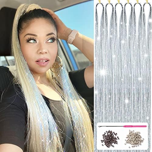 Silver Hair Tinsel Kit with Tools 1200 Strands, Hair Tinsel Heat Resistant Fairy Hair Tinsel Kit 47 Inch, Sparkling Glitter Tinsel Hair Extensions Hair Tensile for Halloween Christmas New Year Party (Shining Silver)