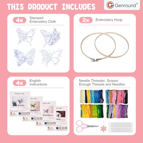 Image of Embroidery Kit for Beginners,Cross Stitch Kits Set,Floral Butterfly Pattern Needlepoint Kits,4 Sets Hand Embroidery Kit for Craft Lover Hand Stitch,Embroidery Starter Kits for Adults Beginners
