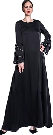 Elegant Muslim Womens Long Dress Solid Crewneck Women Dubai Dress Kaftan Abayas with Blet