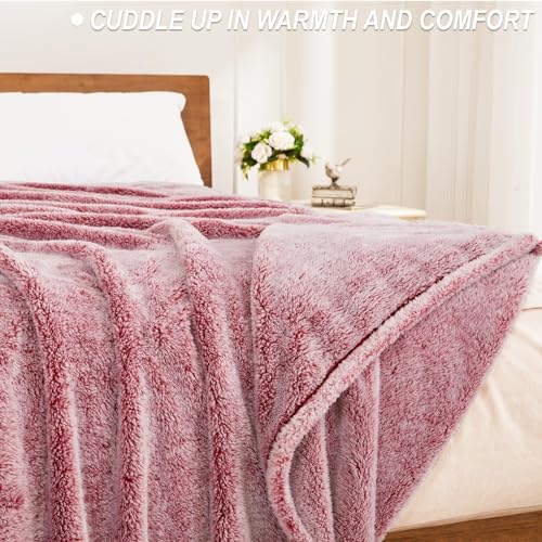 Image of Exclusivo Mezcla Plush Fuzzy Fleece Bed Blanket Queen Size, Super Soft, Fluffy and Warm Blankets for Couch, Bed, All Season (Mixed Deep Red, 90x90 inches)