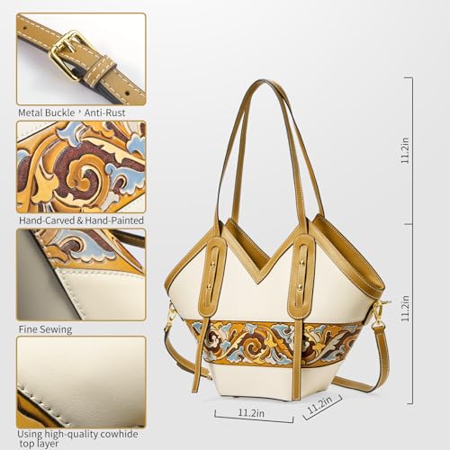 Image of Women's Leather Tote Bag & Large Capacity Hand-Carved Cloud Design, Full-Grain Cowhide