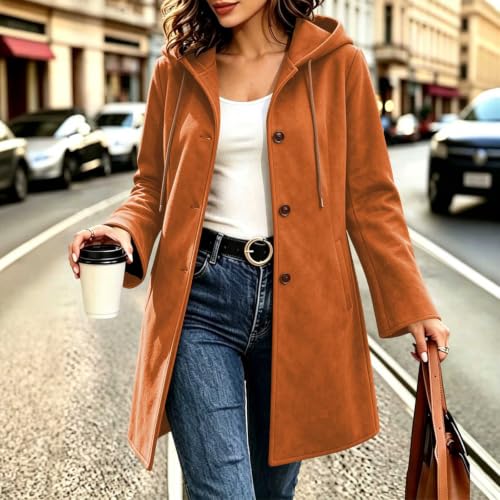 SHOPESSA Faux Suede Jacket Women Long Button Hooded Trench Coat with Pocket - image 2