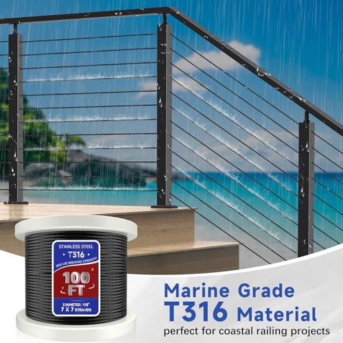 Image of 100FT 1 /8 inch T316 Stainless Steel Cable Marine Grade, Wire Rope Cable for Deck Cable Railing System Post Kit, 1850 lb Breaking Strength, 7x7 Strands Aircraft Cable for DIY Deck Railing, Black