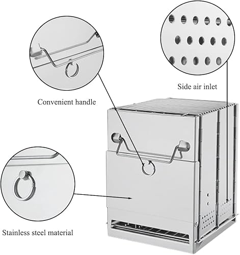 Miniatura 8 de Estufa de leña plegable para acampar con parrilla, estufa de campamento plegable para mochileros, estufa de supervivencia de acero inoxidable para