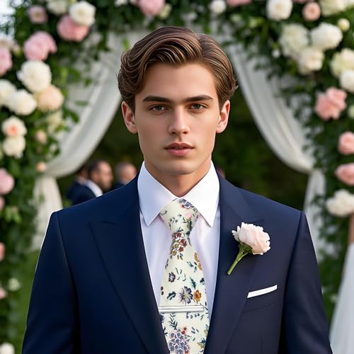 Image of YourTies Cotton Floral Tie for Men 2.5 inch Printed Skinny Necktie Pocket Square Tie Clip Set Flower Wedding Party Groom