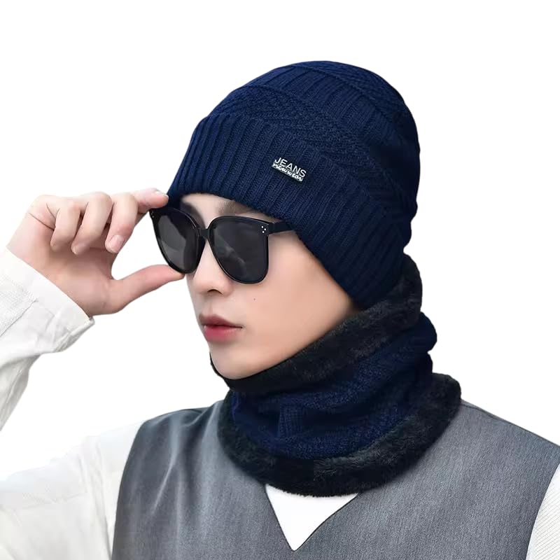Winter Woolen Beanie Cap Hat Neck Warmer Scarf Set for Men Women Soft Knitted Fleece Lined Double-Layered Warm Skull Monkey Hats for Boys & Girls-picture-36