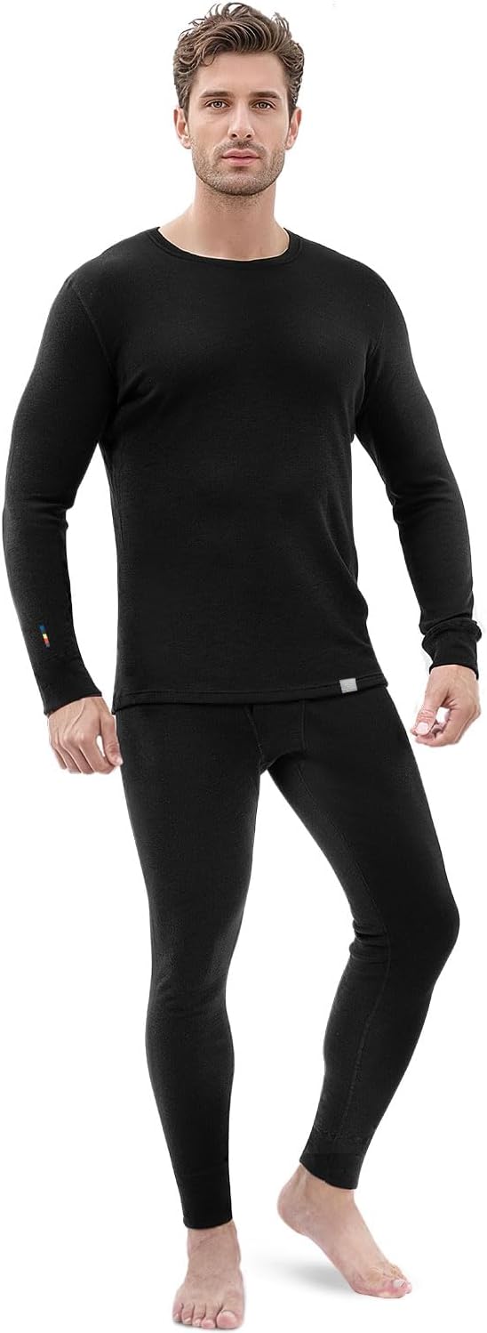 100% Merino Wool Base Layer Set Thermal Underwear Top Bottom Fleece Lined Thick Warm Ski Hunting Cold Weather