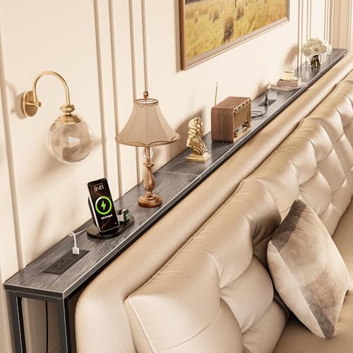 Image of Huuger 141.7 Inch Sofa Table with Power Outlets, Skinny Behind Couch Table | 5.9 Inch Narrow Entryway Table, Extra-Long Console Table, Behind the Couch Table with Outlet for Living Room, Grey