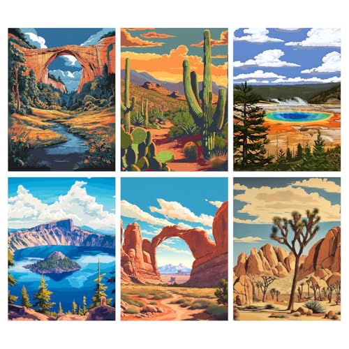 Canrichshop 6 Pack National Park Paint by Numbers Kit for Adults Lanscape DIY Adult Painting by Numbers Kits on Canvas Frameless Easy Acrylic Number Paintings Beginner for Home Decor 9.8x13.8 Inch