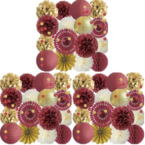 Image of ANSOMO Burgundy and Gold Party Decorations Maroon Wine Dark Red Paper Fans Lanterns Tissue Pom Poms Wall Hanging Decor Supplies Bridal Baby Shower Birthday Wedding Graduation (Pack of 3)