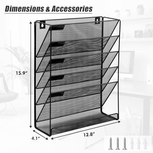 EASEPRES 6 Tier Mesh Hanging Wall File Organizer, Desk Mail Paper Document Folder Holder, Clipboard Storage Organization Magazine Rack with Bottom Tray and Nametag Label for Office Home School, Black - Thumbnail 2