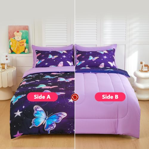 Image of Twin Comforter Set for Girls 5 Piece Purple Butterfly Bedding Set for Girls Super Soft Microfiber Bed Set Bed in a Bag with Comforter Sheets Pillowcase & Sham (5 Piece Twin Size)