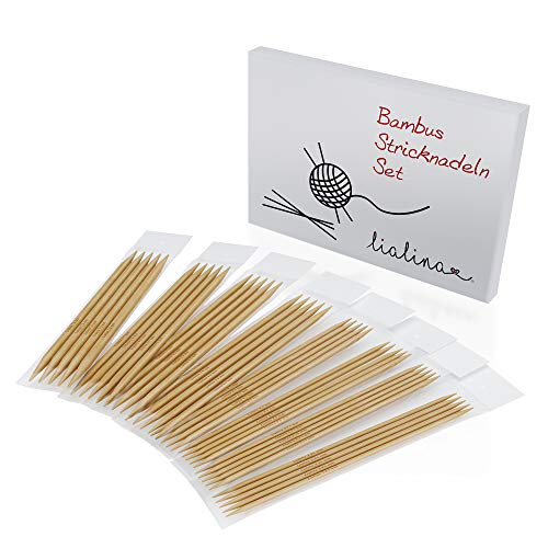 Agujas de Doble Punta LIALINA – Set 40uds de Agujas de Tejer de Bambu de 20cm (3 a 7mm) Para Hacer Punto en Redondo con Cinco Agujas o Labores de Pocos Puntos - Ligeras, Resistentes y Duraderas