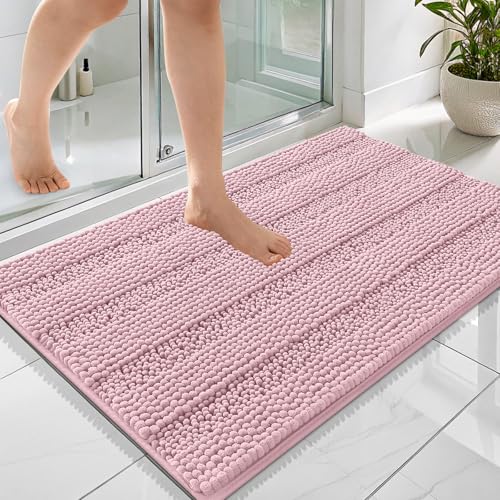 Image of OLANLY Thick Bathroom Rugs 36x24, Extra Soft Absorbent Chenille Striped Bath Rugs, Rubber Backing, Machine Wash Dry, Bath Mats for Bathroom Floor, Tub and Shower, Home Decor Accessories, Dusty Rose
