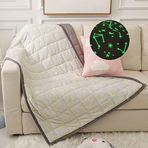 VECOKNA Weighted Blanket 5 Pounds, Glow in The Dark Cooling Throw Blanket for Kids|Teens, Soft Minky Bottom & Cool Cotton Top Reversible Weighted Blanket, Twin/Full Size 41"x60", Grey, Stars Pattern