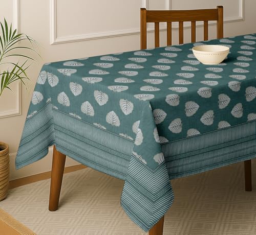 Vargottam Leaves Print Cotton Tablecloth - Blue 90x70 Inch Dining Table Cover for 6 to 8 Seater Tables, Durable & Washable, Protective, Great for Daily Use, Festive Gatherings & Dinner Parties