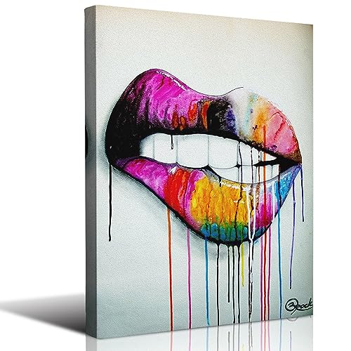 Faicai Art Sexy Colorful Lips Street Art Canvas Prints Wall Art Pop Art Abstract Paintings Posters Modern Wall Decor Pictures for Home Decor Living Room Bedroom Bathroom Office Wooden Framed 24"x36"