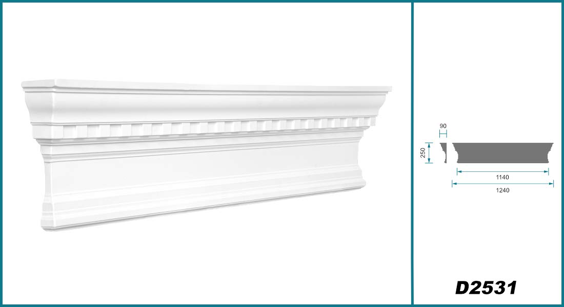 coronamento | poliuretano resistente agli urti | adatto per porte e armadi | timpano decorativo | frontone | bianco | PU | Hexim Perfect | 250 x 1240 mm | D2531
