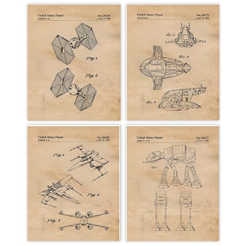 Classic Land Air Star Vessel Patent Prints, 4 (8x10) Unframed Photos, Wall Art Decor Gift for Home Work Office Creator Gears Garage Shop Man Cave Student Teacher Coach ComicCon SciFi Wars Movies Fans
