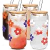 Valentine's Day Gift Set - 4 Glass Coffee Cups With Lids & Straws, 18oz, Cute Design, Borosilicate