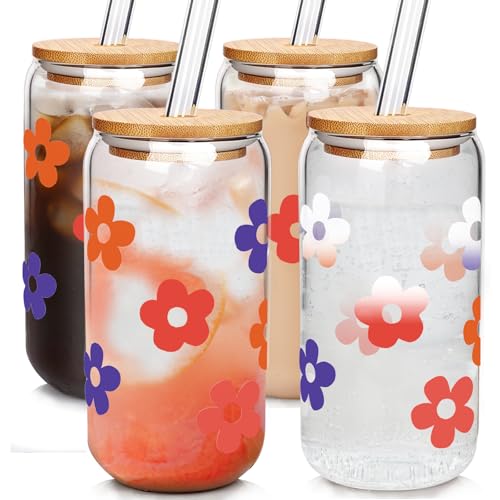 Mason Life Color Changing Cups With Lids And Straws, Cute Glass Cups 18oz Iced Coffee Cup Glasses Drinking Glass Tumbler Reusable Travel Coffee Mug For Cocktail, Valentine's Day Gift for Her- 4 Pack