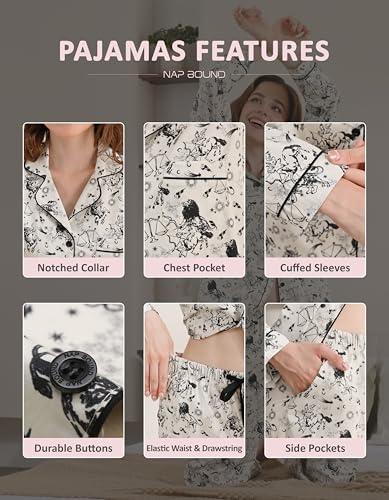 Image of NAP BOUND 100% Cotton Pajamas for Women 2 Piece PJs Set Long Sleeve Button Down Breathable Woven Sleepwear Loungewear XS-XXL