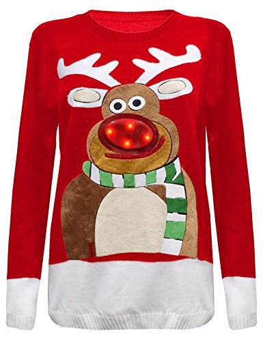 GirlzWalk Unisex Christmas Rudolph Flash Light Jumper Xmas Sweater Red ML