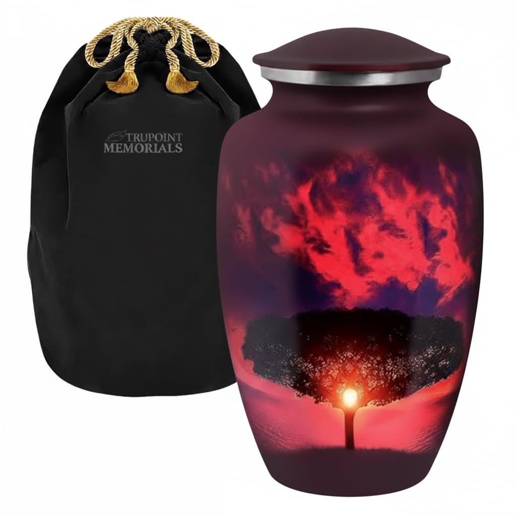 Trupoint Memorials Cremation Urns for Human Ashes, Tree of Life Decorative Burial Urn for Adult Men and Women, Large Red Sunset