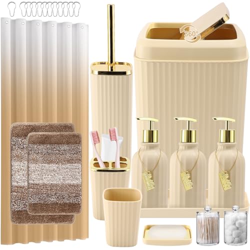 WSBArt 32PCS Bathroom Set Bathroom Sets with Shower Curtain and Rugs Beige Bathroom Accessories,Shower Curtain Set,Bathroom Rug Set with Bathroom Trash Can