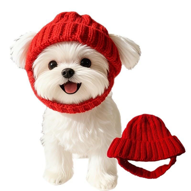 Stretchy Comfortable Knit Dog Beanie with Ear Flaps, Warm Winter Pet Hat, Indoor Outdoor Use, Dog Beanie Hats with Ear Holes for Small & Medium Dogs & Cats (Red)